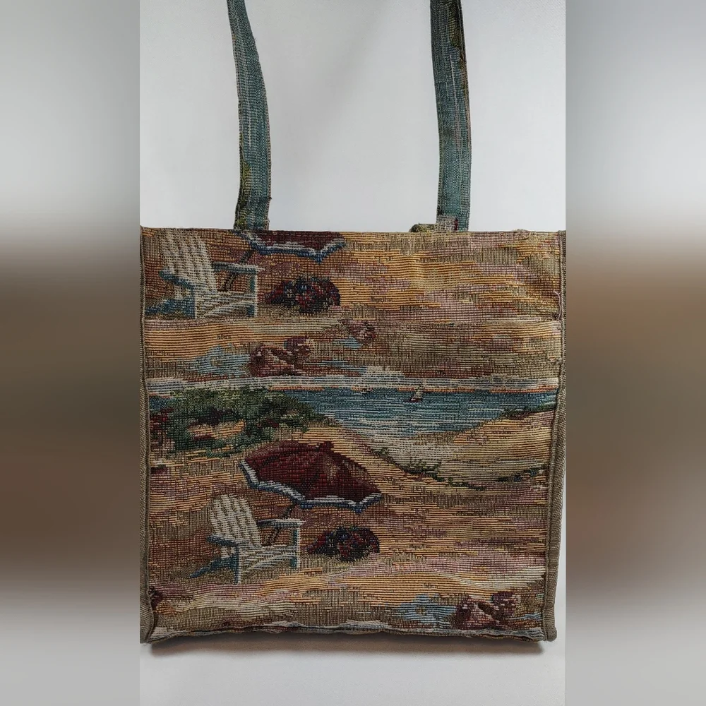Jade Vintage Multicolor Coastal Beach Scene Tapestry Tote E/ Coin Purse
